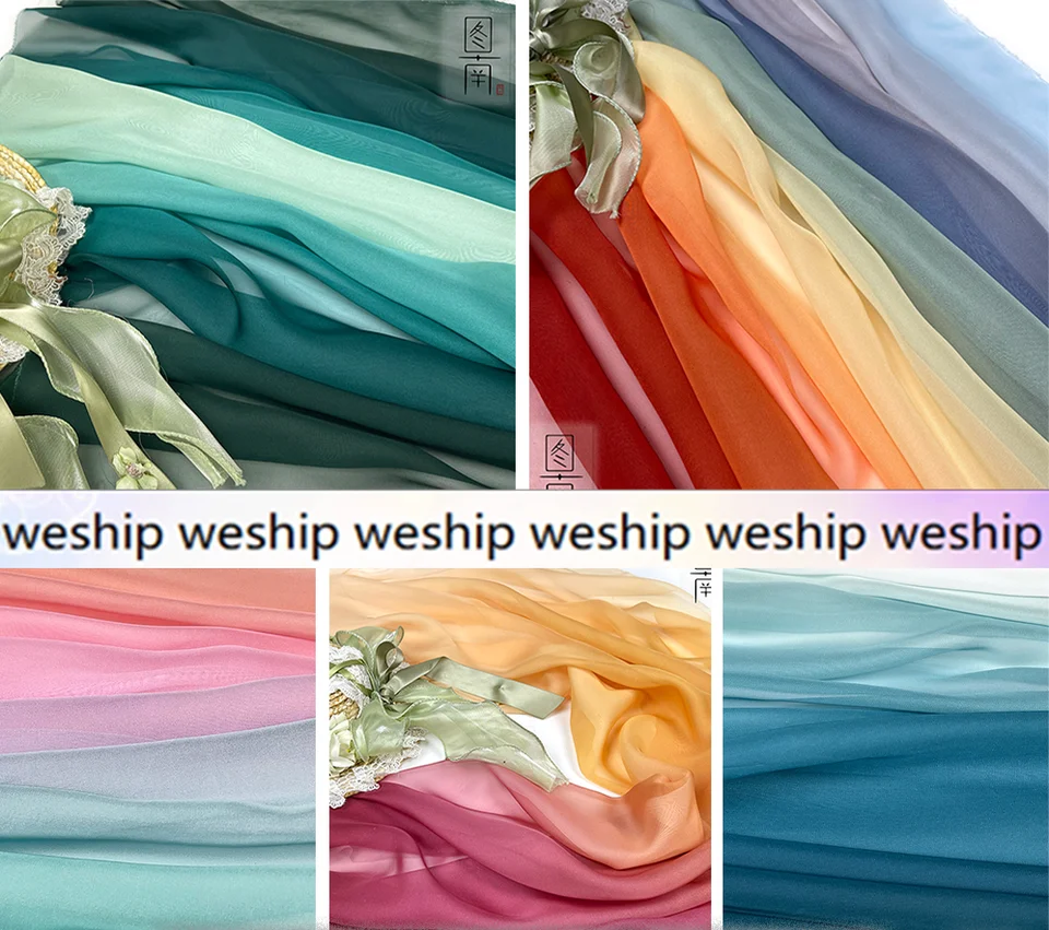 Čínska stlye krajina maľba Gradient farebný šifón tlačený hanfu tkanina pre DIY šaty 1order = 1pc (veľkosť: 100x150 cm)