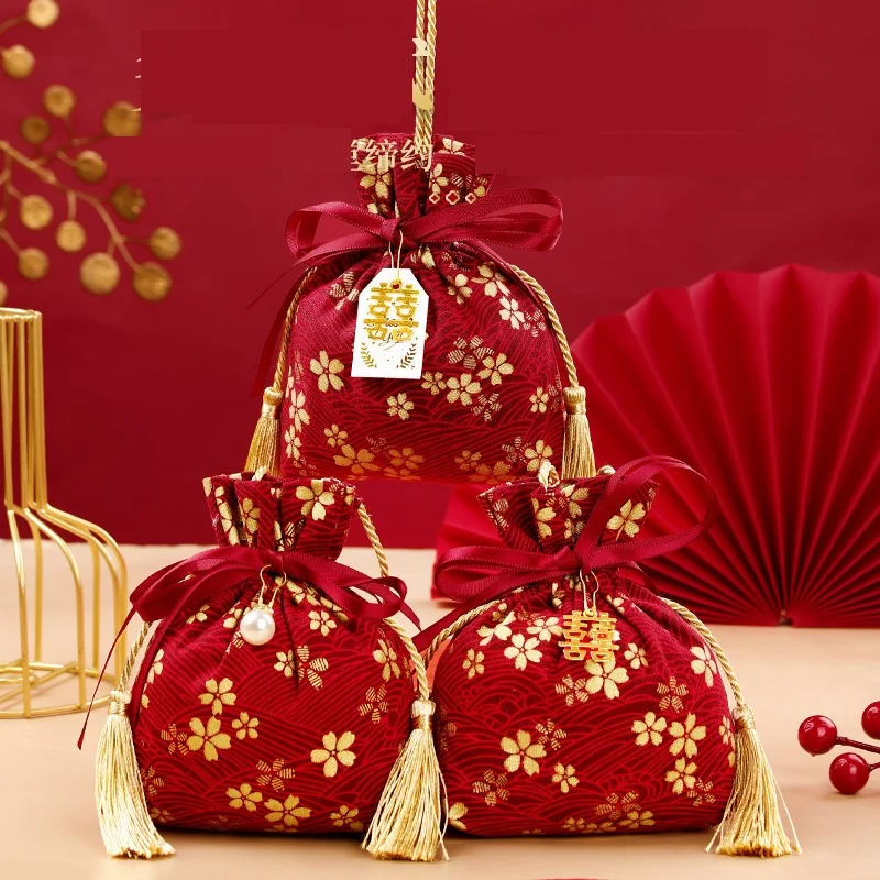 Čínska svadobná darčeková taška Snack Candy Darčeková taška Svadba narodeninovej oslavy Red Vintage Bag Pearl Divácia Darčeková taška Darčeková dekorácia