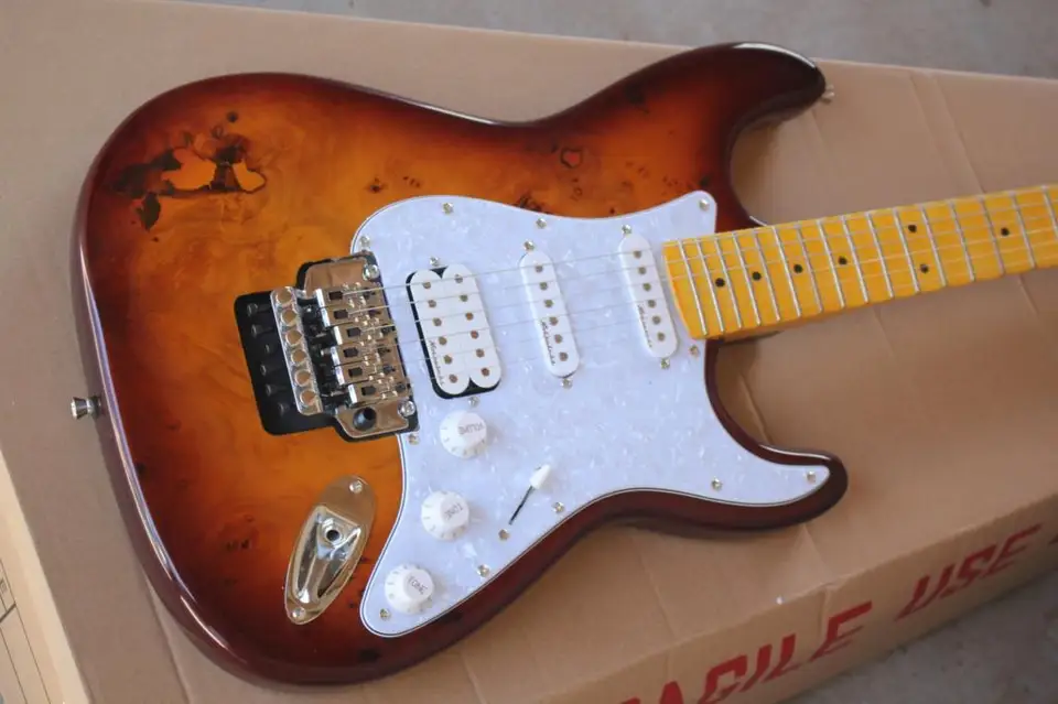 Čínska továreň Vlastná vysoko kvalitná vzorka Burl Scalloped hmatník Big Headstock St Electric Guitar Tremolo Bridge 8pai