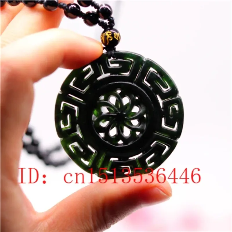Čínska čierna zelená nefritová dvojitá bočná dutina dutina veterný mlyn Prívesok prírodný ručný rezidenčný náhrdelník amulet šťastia darčeky Men Sweater retiazka