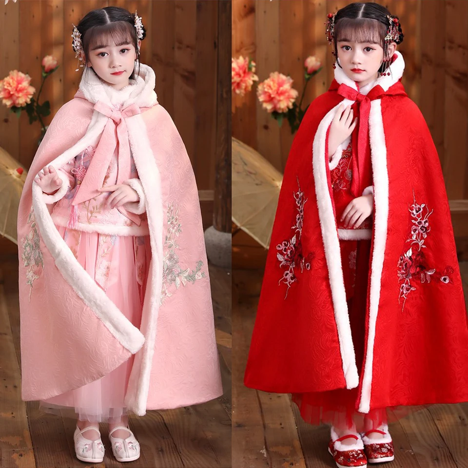 Čínske starodávne oblečenie Hanfu pre dievčatá zimné plyšové plášťa kapucňu Halloween Party Carnival Cosplay kostým Han Fu príslušenstvo