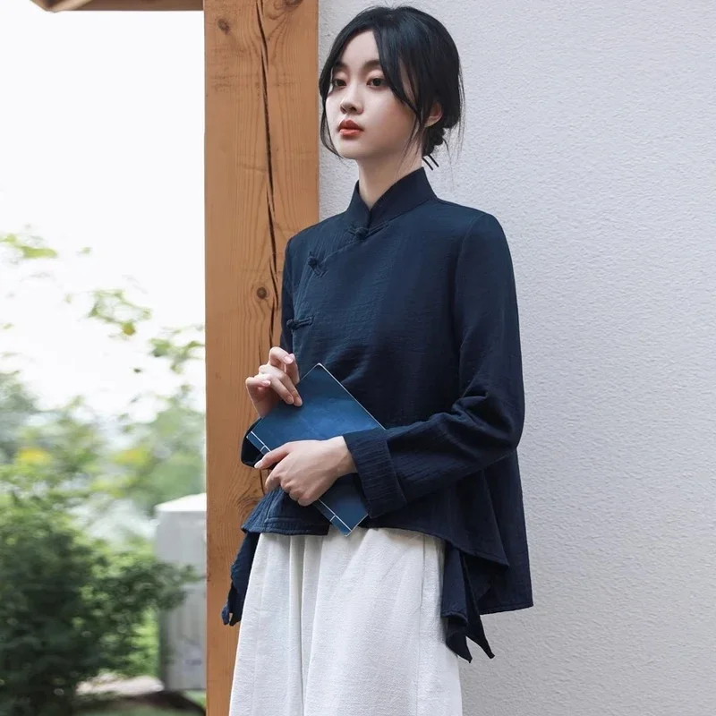 Čínske tradičné kostýmy Ženy Literárne a vintage Tang Suit tričko Spring Národný štýl bavlny a ľanové vrcholy