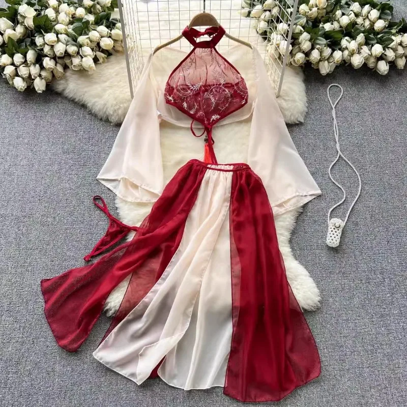 Čínske TRANDIKÁLNE HANFU Dress Ženy Sexy Chffion High Split Temptation Lingerie spodná bielizeň čipky erotické nočné košele erotické košele
