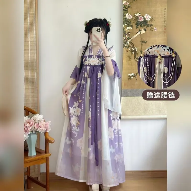 Čínske šaty Hanfu Ženy Karneval víla Cosplay kostým Party Dress Tang Dynasty tlačená modrá fialová Hanfu plus veľkosť