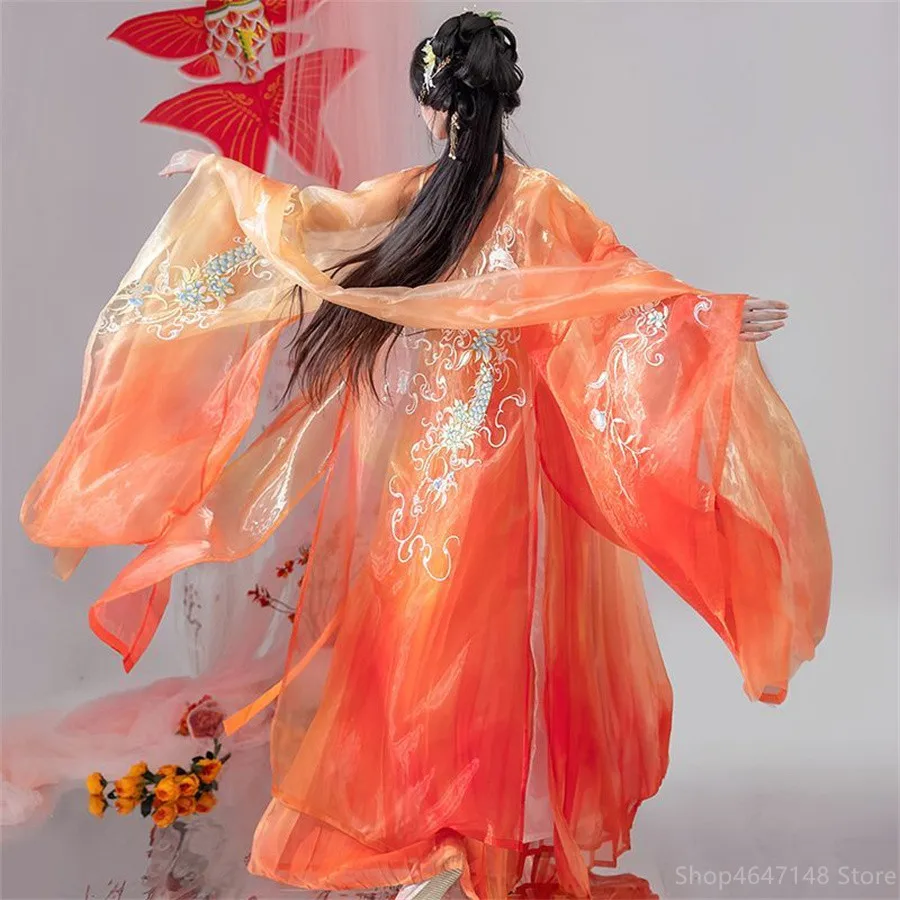 Čínske šaty Hanfu Ženy Starodávne tradičné vyšívané súpravy Hanfu Carnival Fairy Cosplay kostým oranžové tanečné šaty Hanfu