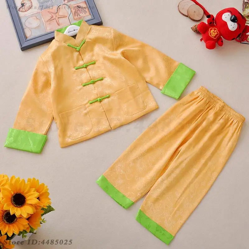 Čínsky novoročné šaty Drebky dieťa Hanfu Coats Pants Tang Suit Tradition Tradition Vintage gombíky bunda deti qipao set Kong fu oblečenie