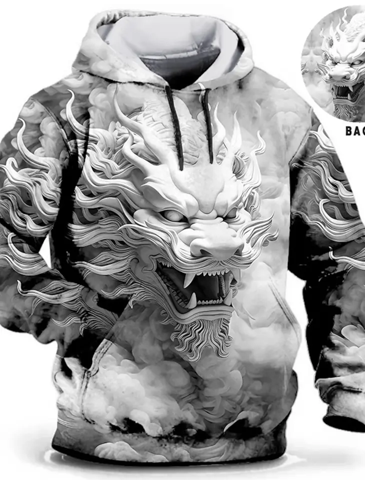 Čínsky novoročný drak drak mikina pánsky grafický zviera Denne klasický neformálny 3D pullover streetwear kapucňa s dlhým rukávom s kapucňou