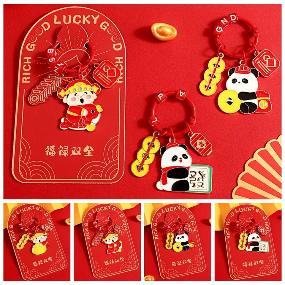 Čínsky Nový rok Kľúčový reťazec Panda God of Fortune Metal Keychain Lucky Doll Batch batoh prívesku karikatúra kľúča kľúče Kľúčové prsteň deti