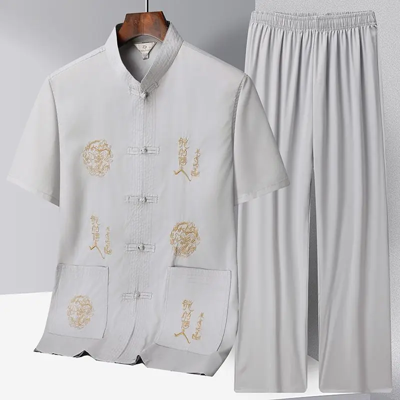 Čínsky stojan obojok Tang obleky Príležitostné kong fu oblečenie muži s krátkym rukávom vinobranie hanfu oblečenie ruky gombík cheongsam outfit