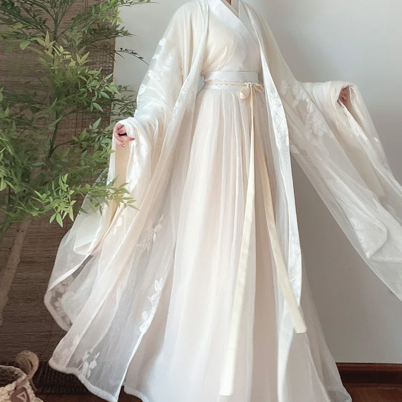 Čínsky štýl biely hanfu 4ks wei jin dynastia cosplay kostýmy pre ženy pódiové nosenie ľudového tanečného rúča cross-ccollar