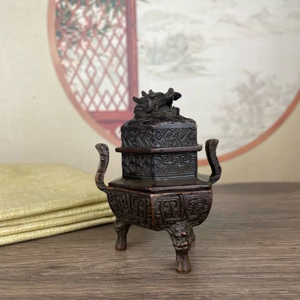 Čínsky štýl drak hlava zvyšovanie imitácie starožitné medené dvojité uši retro nostalgické ganoderma lucidum kvetinové ornamenty