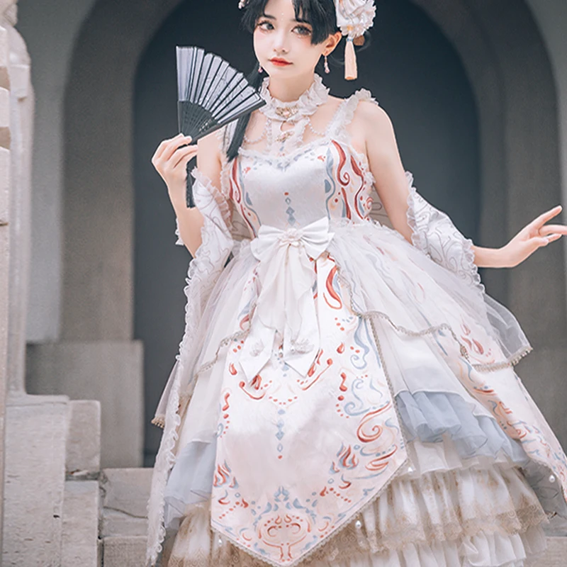 Čínsky štýl JSK Lolita Sladké dievča Cosplay Nádherný tlačný mrak perlová čipka