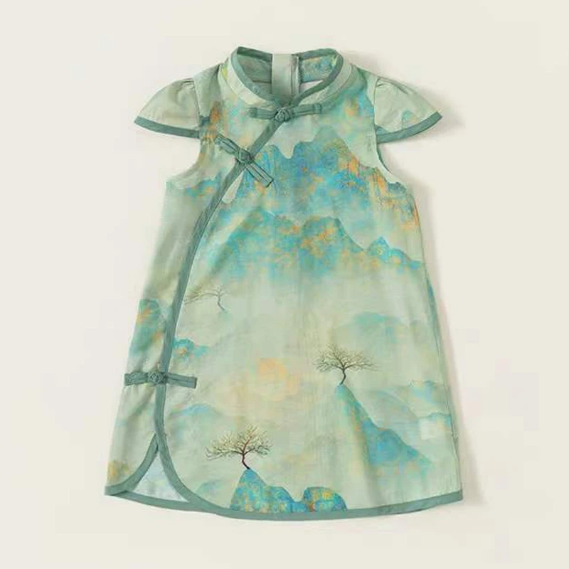 Čínsky štýl Kid Girl Choengsam Šaty plná tlač Tradičné šaty Qipao Summer princezná kostým hanfu dievčatko oblečenie A1237
