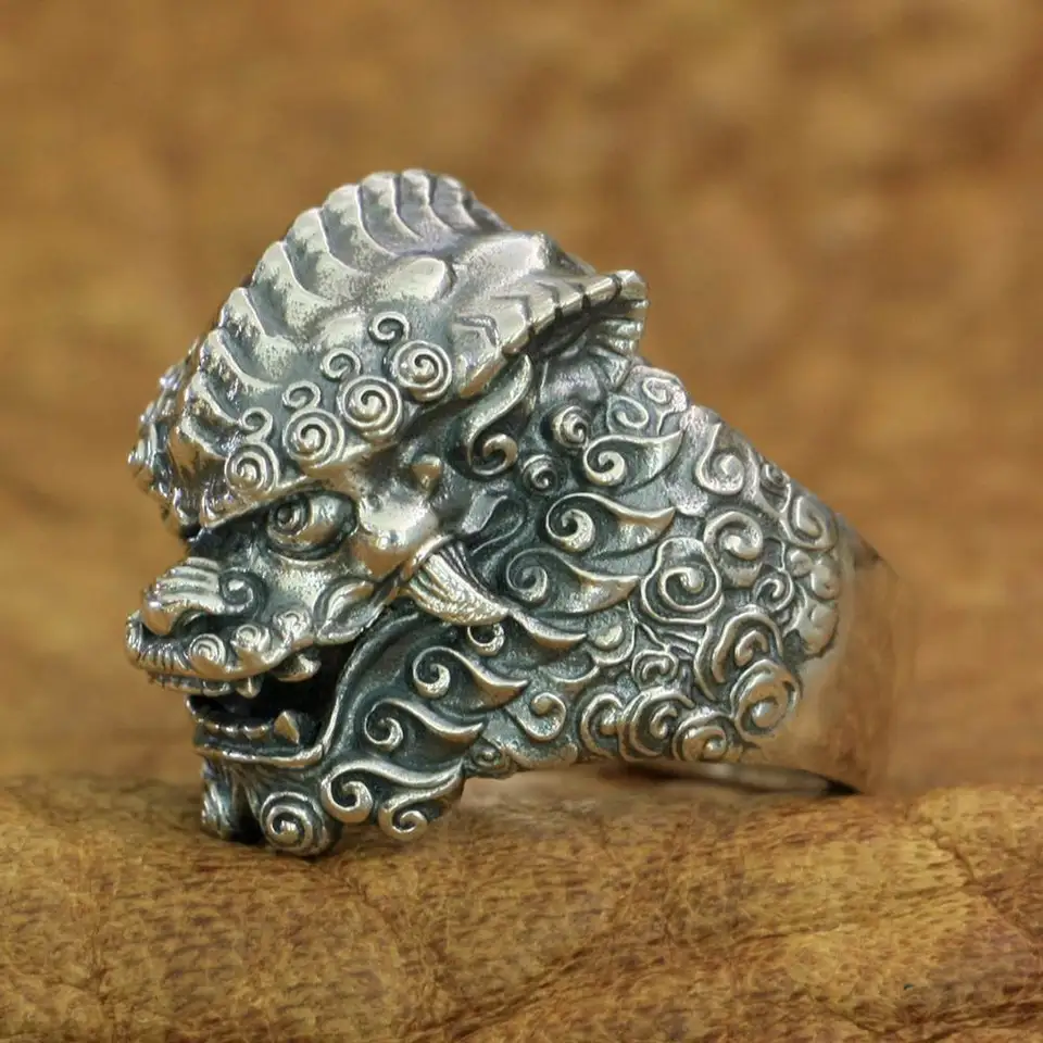 Čínsky štýl Lion 925 Sterling Silver Conyber Ring Punk Jewelry TA210 US Veľkosť 7 ~ 15