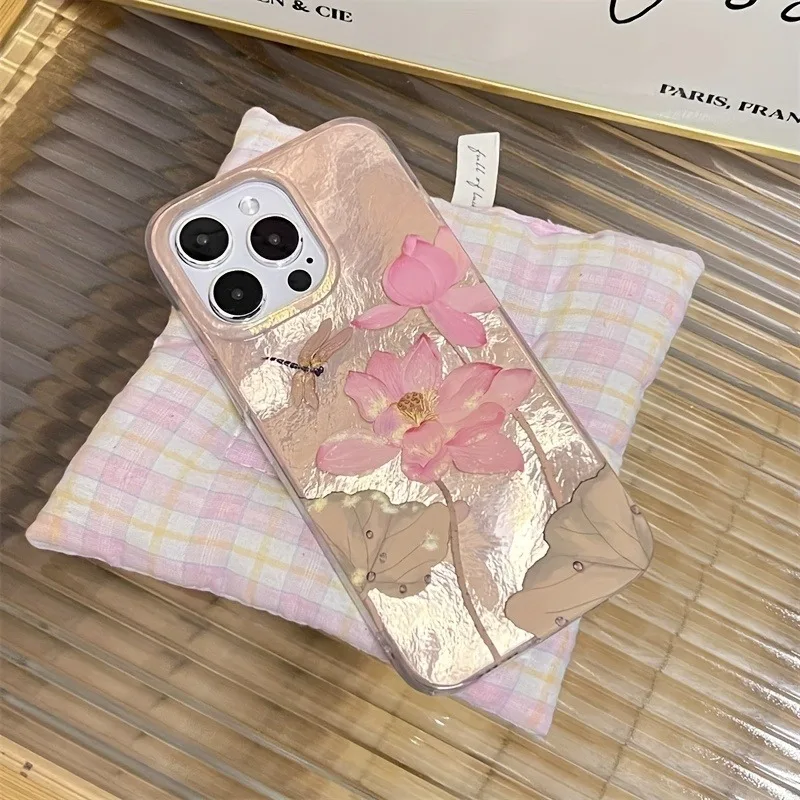 Čínsky štýl Lotus Dragonfly Glacier Pattern Telefón puzdro pre iPhone 11 12 13 14 15 16 Pro Max xs xr x 7 plus silikónový mäkký kryt
