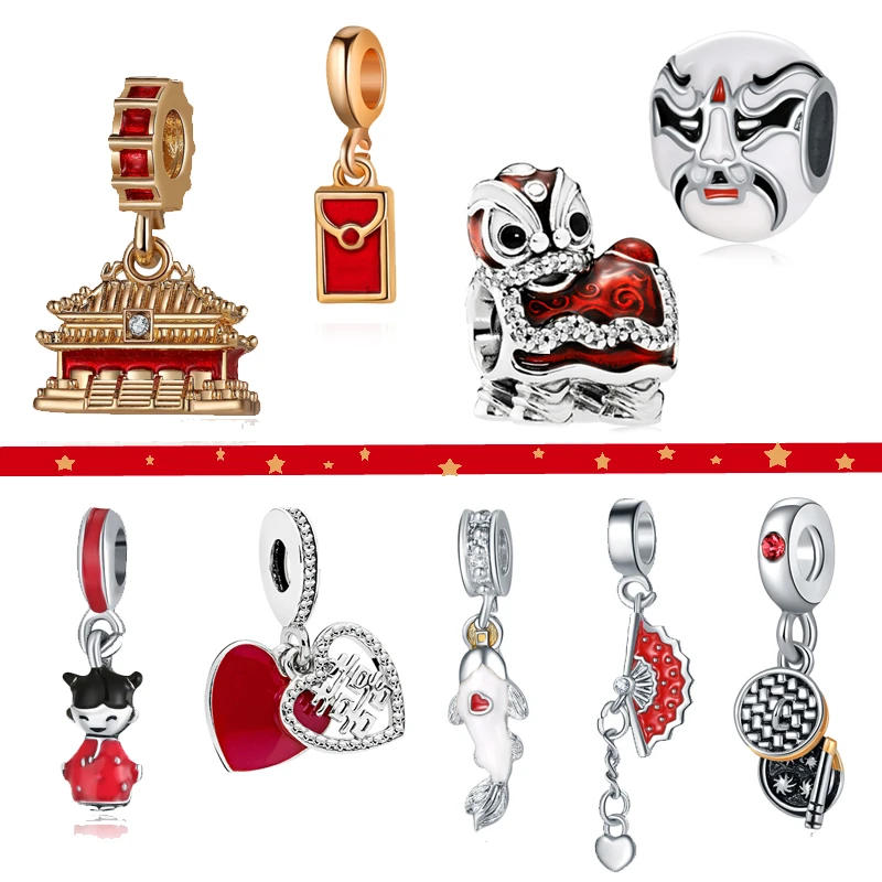 Čínsky štýl Nový rok Červená taška leva tanec Lantern Peking Opera Masks buchty kúzla korálky Fit Pandora Originálny náramok