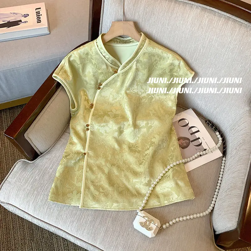 Čínsky štýl retro jacquard košeľa žena s diagonálnou sponou bez rukávov Top letné upravené cheongsam zelené krátke rukávy