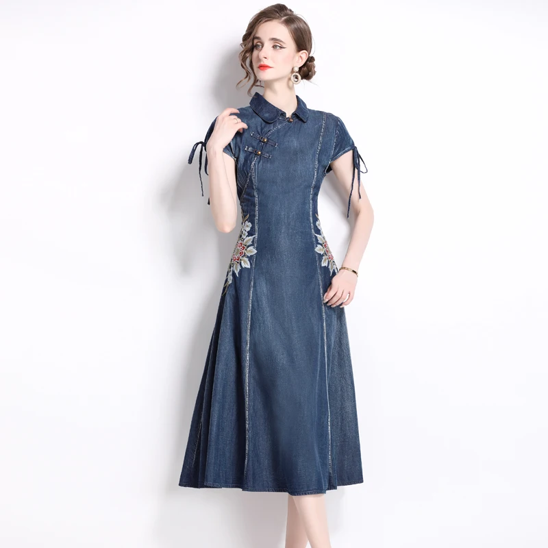 Čínsky štýl vintage letný klopný krk tenký mäkký denim midi šaty retro dámske šnurovacie šnurovanie výšivkových kvetín s krátkym rukávom