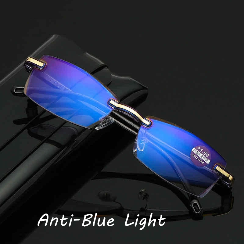 Čítanie okuliarov na čítanie s okuliarmi Rimless okuliare Trendy Men Ženy Anti Blue Light Predpisové okuliare REZVELENIE HOLDY Počítačové okuliare
