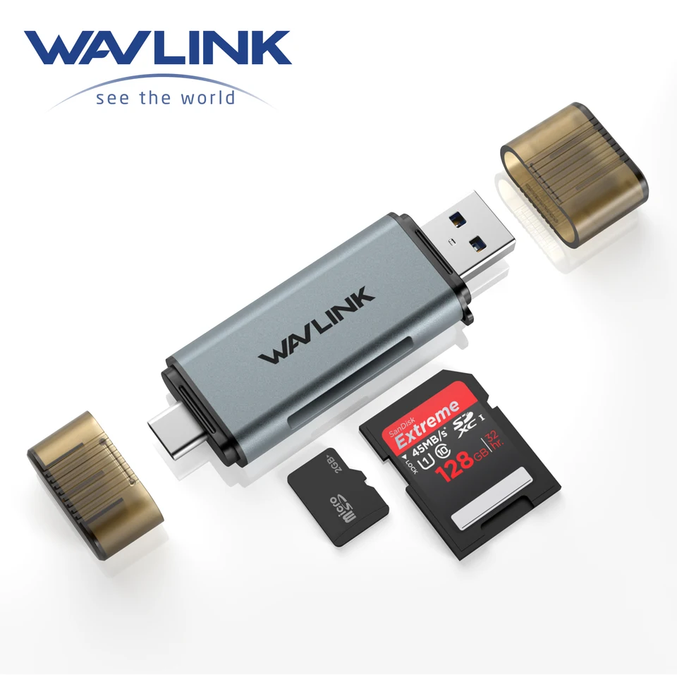 Čítačka kariet Wavlink SD, 2-v-1 USB C+USB3.0 Micro SD Pamäťový čítačkový adaptér pre TF SD Micro SD SDXC SDHC MMC MMC Micro SD