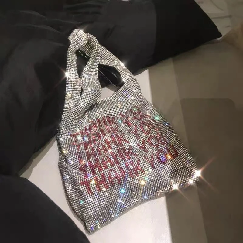 Ďakujeme flitry tašky Ženy malé tote tašky Crystal Bling Bling Fashion Lady Bucket Kabelky