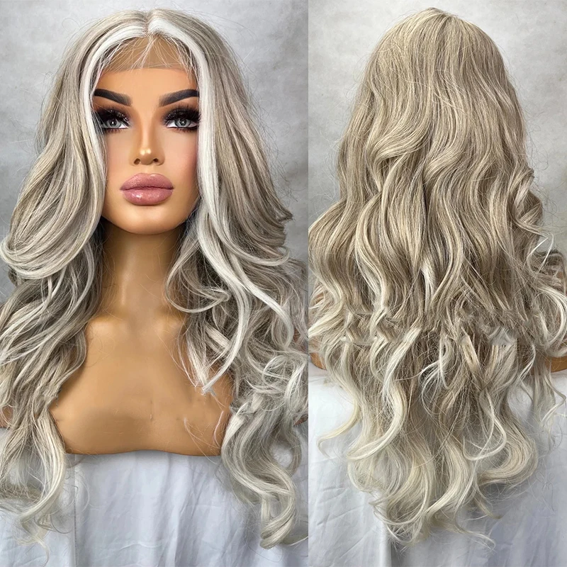 Ľadová blondínka zvlnená vrstvená parochňa Peniace kúsky popola blondínka Biele zvýraznenie Syntetické vlasové čipky predné parochne pruhy ľudské vlasové zmesi
