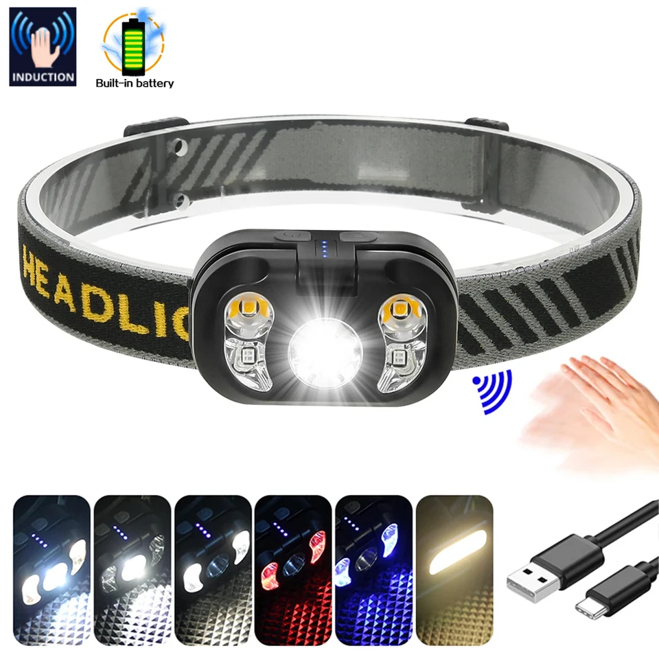 Ľahký senzor LED svetlomet USB Nabíjateľný flip otvorený svetlomet COB svetlomet 8modes biela+žltá lampa na cyklistický rybolov