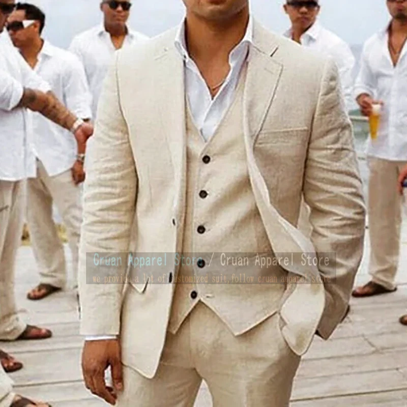Ľan Pánsky oblek Male Blazer Vestu Pants 3ks Slim Fit Beige Beach Svadobná súprava