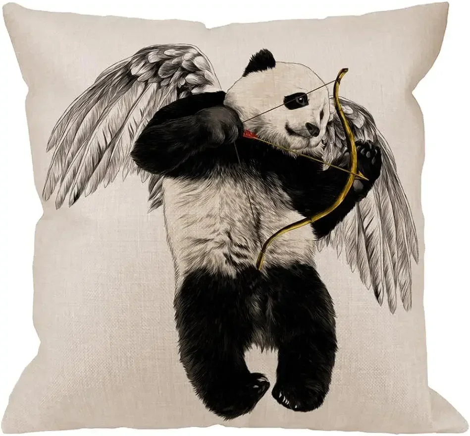 Ľanová vonkajšia dekorácia hodu vankúš Panda Angel s krídla