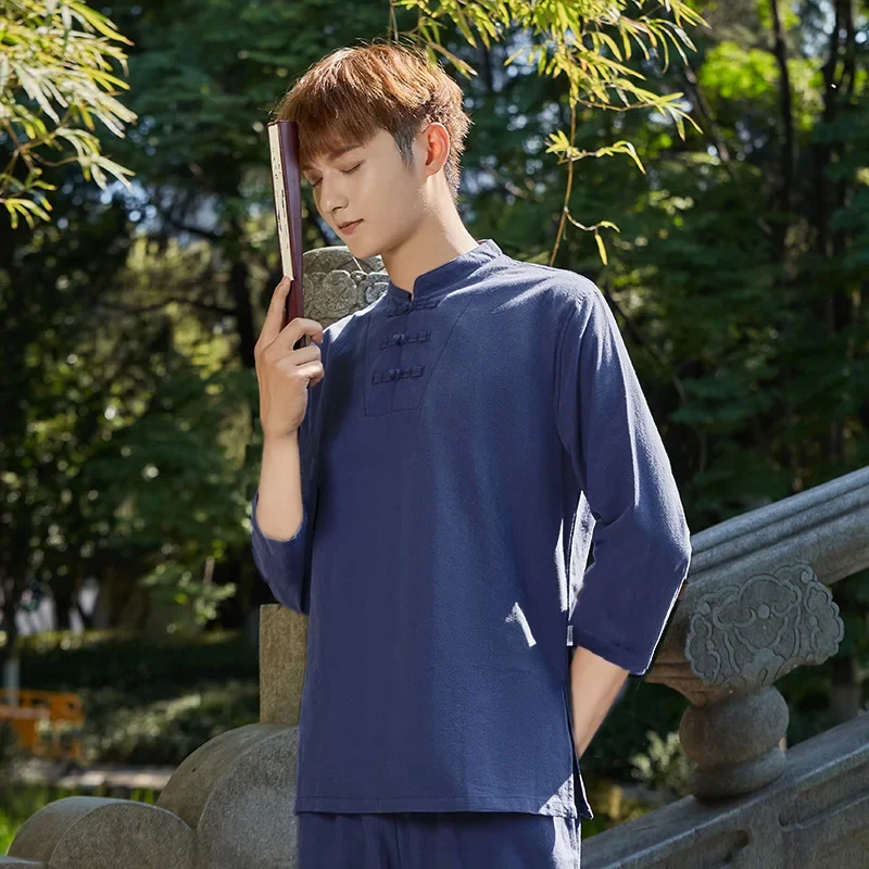 Ľanové muži bojové umenia kungfu tai chi uniformy voľné čínska tradičná mikina+nohavičky Fitness Casual Meditaiton Wushu set