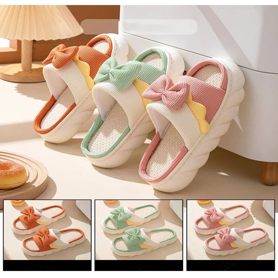 Ľanové papuče Ženy Indoor Plippers Comzy Anti-Slip House Cotton topánky roztomilé bowknot ploché papuče páry stoliky jarné leto
