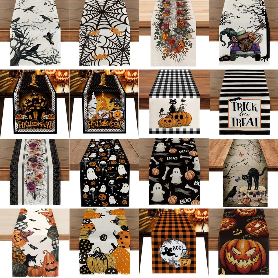 Ľanový halloween stôl bežec tekvicový pavúk