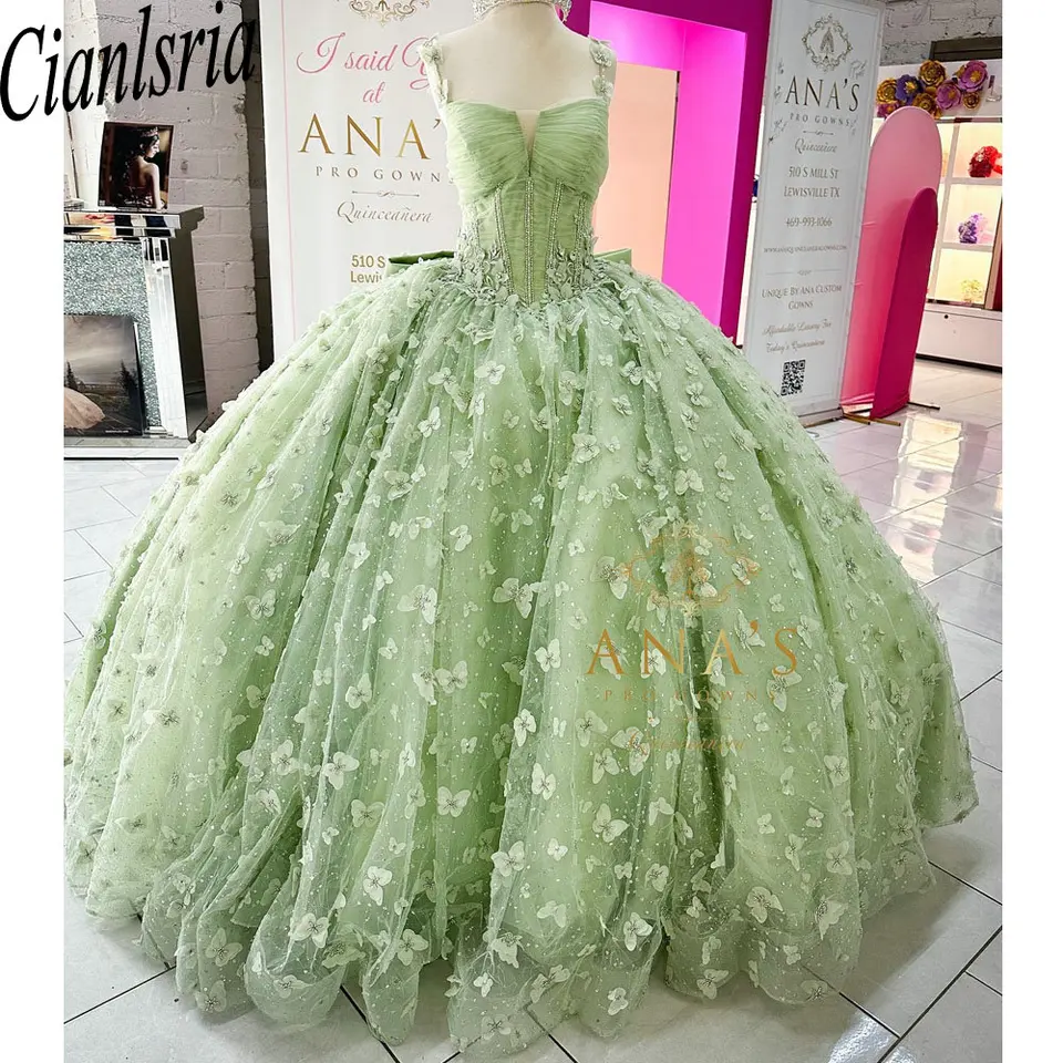 Šalvia zelená 3D motýľové guľové šaty quinceanera šaty špagety popruhy perly korálky korzet sladký 16 Vestido de 15 Anos