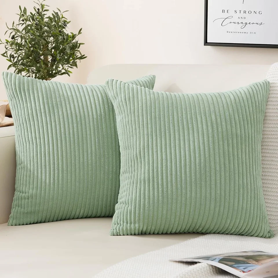 Šalvia zelená dekoratívna vankúšová vankúš poťahuje 18x18 palca Soft Corduroy pruhovaný štvorcový vankúš Moderný statok