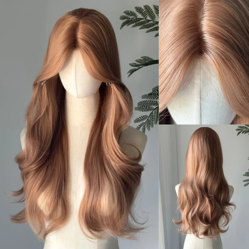 Šampanské blondínka parochňa predné syntetické parochňu Dlhé telo vlne hnedé parochne na denné použitie čelenka lolita cosplay 가발 perruque femme