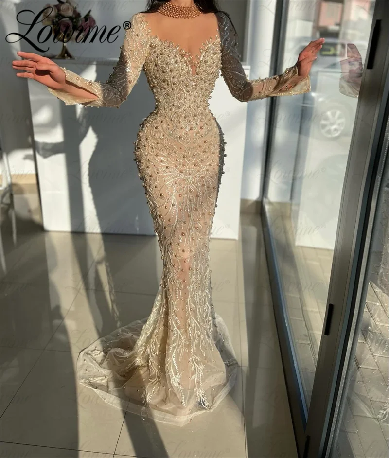 Šampanské dlhé rukávy Svadobné šaty Šaty morskej panny Elegantné večerné šaty arabské plesové šaty Rues de soirée prispôsobené