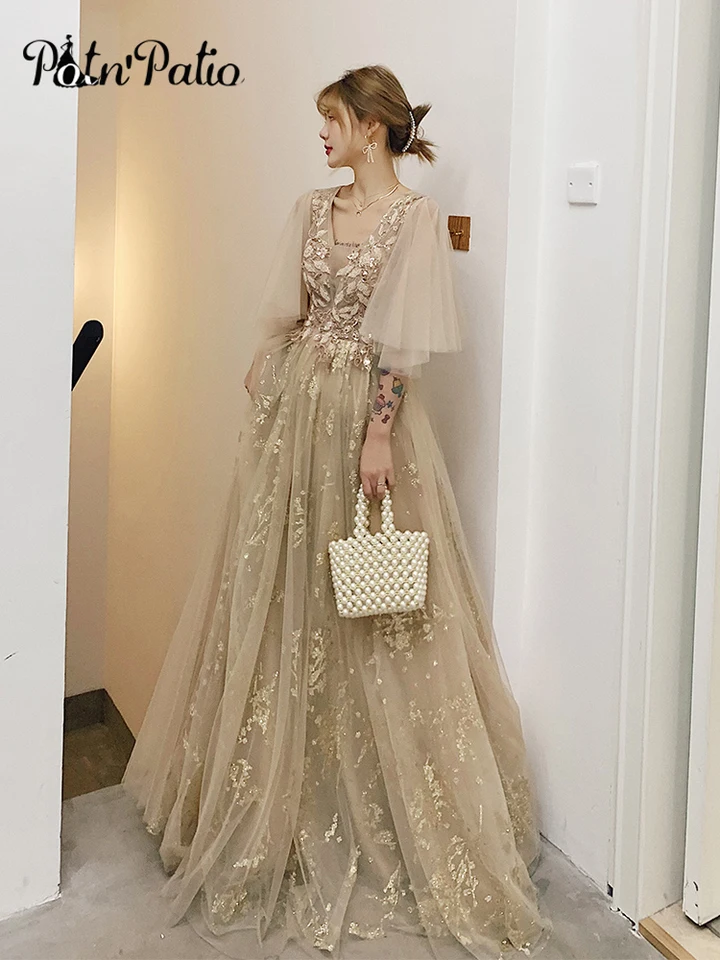 Šampanské trblietky dlhé celebrity šaty pre červený koberec elegantné V-krk A-line podlahové dĺžky formálne večerné šaty