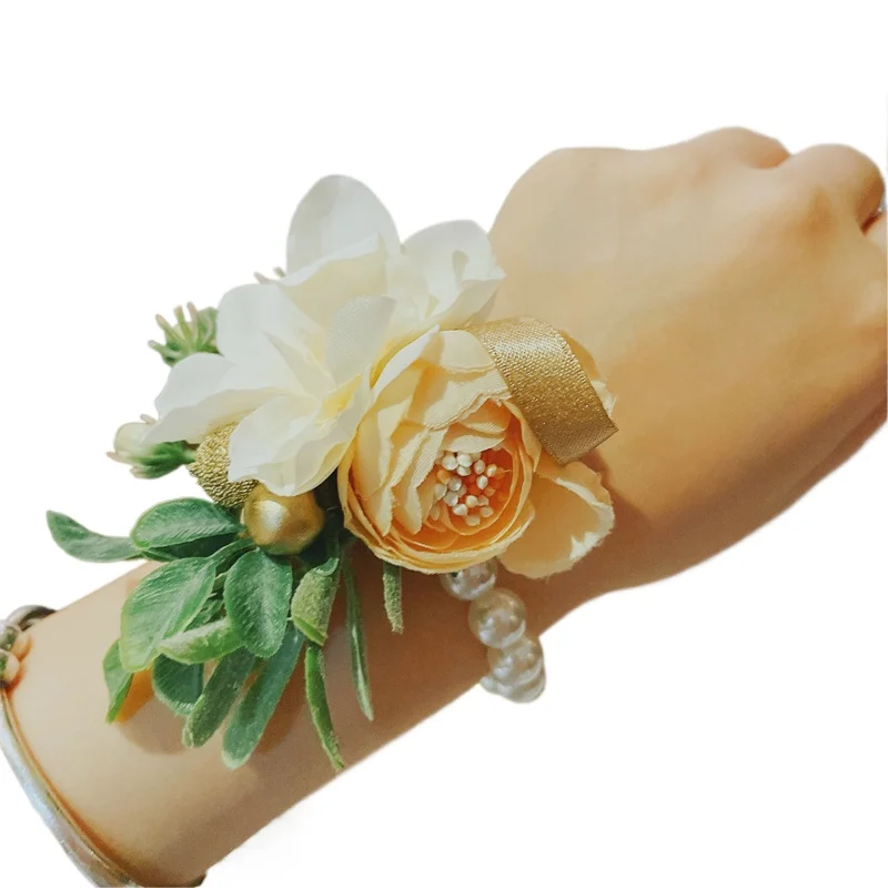 *Šampanské zápästie Korzná družička Ženích Sestry Sestry náramky Ruka kvety Ručné kvety umelé svadobné boutonnieres Prom doplnky