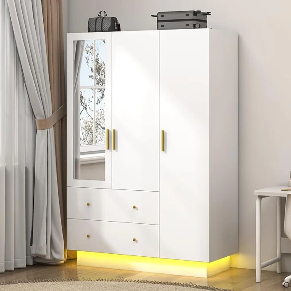 Šatníková skriňa so zrkadlami a LED svetlami, Armoire spálne so zásuvkami a policiami, moderná drevená armoire šatník