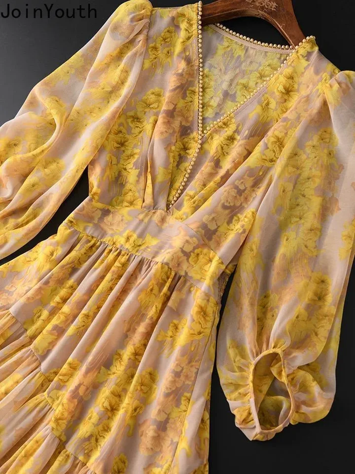 Šaty letnej ženy 2023 Vestidos de Mujer V-krk s dlhým rukávom tlačené šifónové rúcho femme korálky vintage elegantné maxi šaty 7k942
