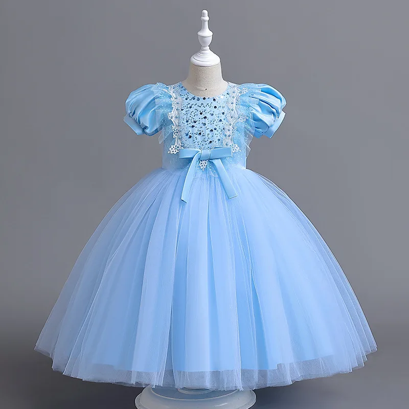 Šaty nových dievčat, čipky LACE Long Kids Sweet Flitry Bow šaty klavírne narodeniny svadobné šaty XZ098