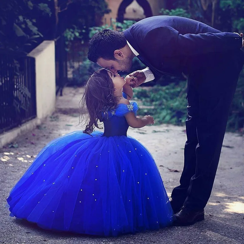 Šaty Royal Blue Flower Dievčatá na svadbu Popolušky Dievča