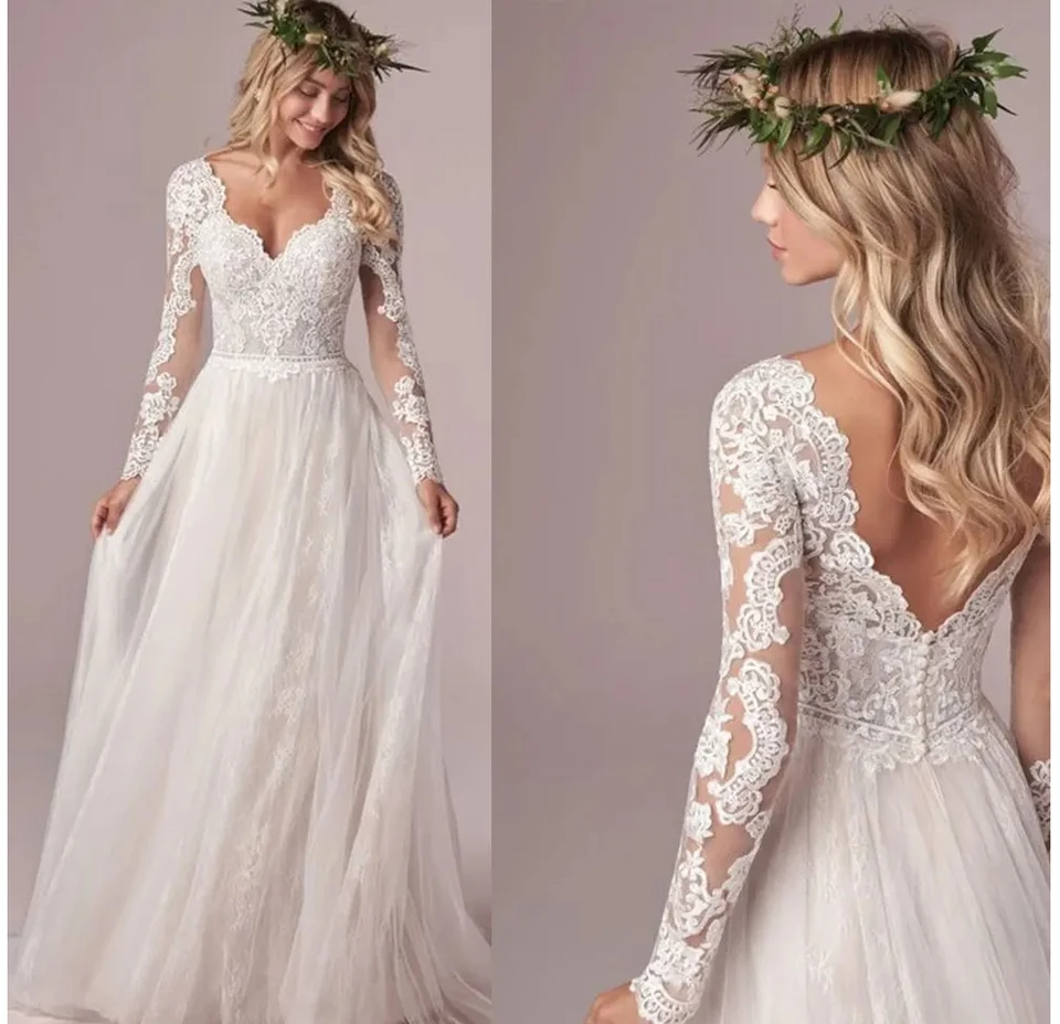 Šaty čipky s dlhým rukávom Svadobné šaty 2022 Boho V-Neck Applies Svadobné šaty pre aparálne aplikácie nevesty Bride Gownless Tull 2025