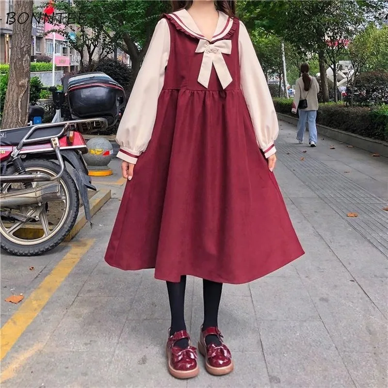 Šaty ženy Patchwork Loose College Sailor Collar Leisure Študent Jeseň japonský štýl sladký kawaii móda Populárny A-line ins