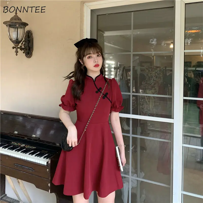 Šaty žien vintage mini čínsky štýl elegantné voláre módy jemná ulica Empire Puff Ruckve Kawaii Študenti Žena leto