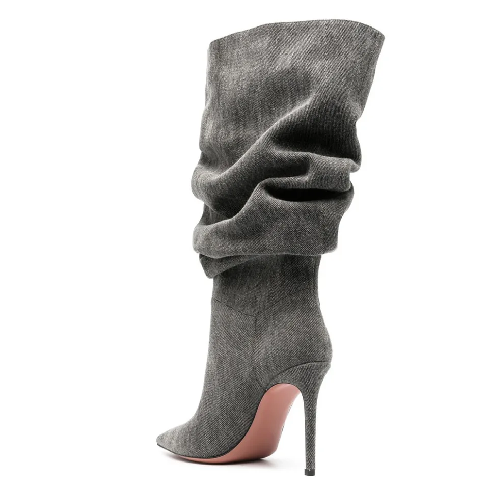 Šedá džínsovina Pleats Dámske topánky Špicaté špičky tenkých pätiek gumy jediný botas para majer stručný štýl koleno-vysoké topánky no-zipper