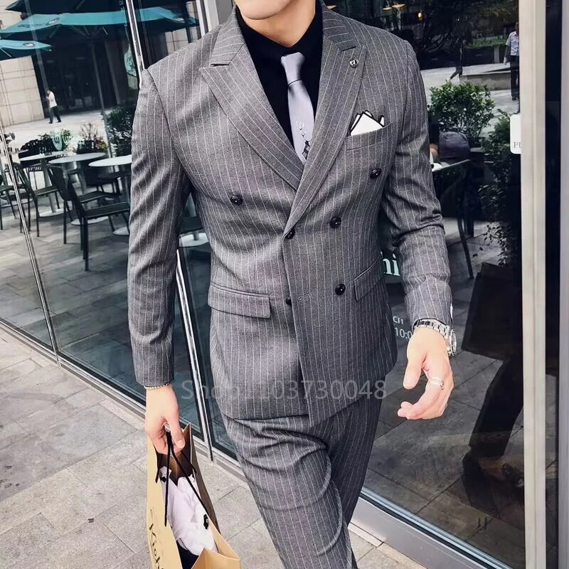 Šedá pruhovaná pánska obleky s dvojitým dojčeným smokingom na svadobné/obchodné muža 2-kusy ženích Groom Tuxedos