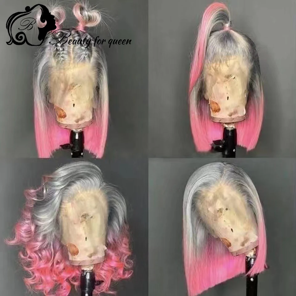 Šedá ružová ombre farebná krátka bobová eso predné ľudské vlasové parochne pre ženy HD priehľadná čipka 13x6 čelná parochňa s prírodnou vlastnou vlasc