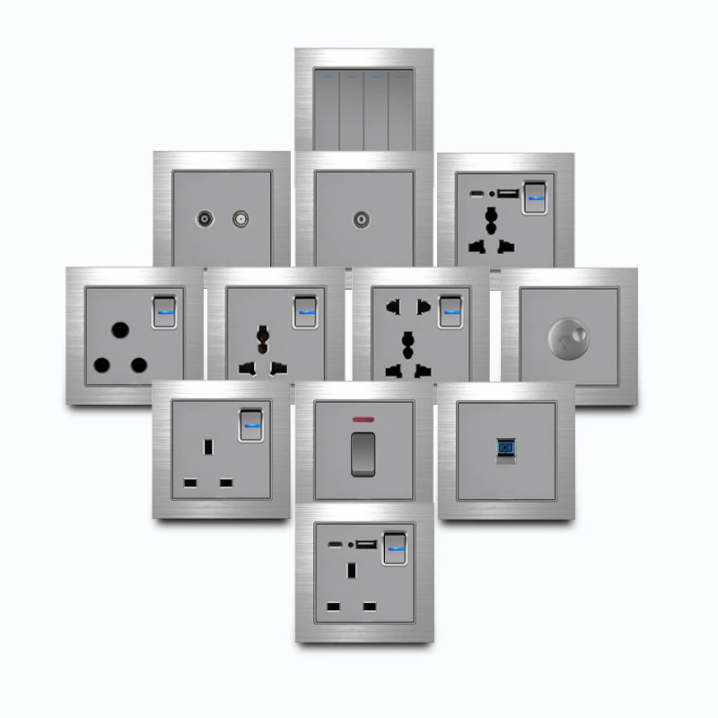 Šedý kovový panel UK Štandardná zásuvka USB C 13A, 1/2/3Gang 2way spínač, Universal Dual Power Wall Socket, 220V Svetlový spínač