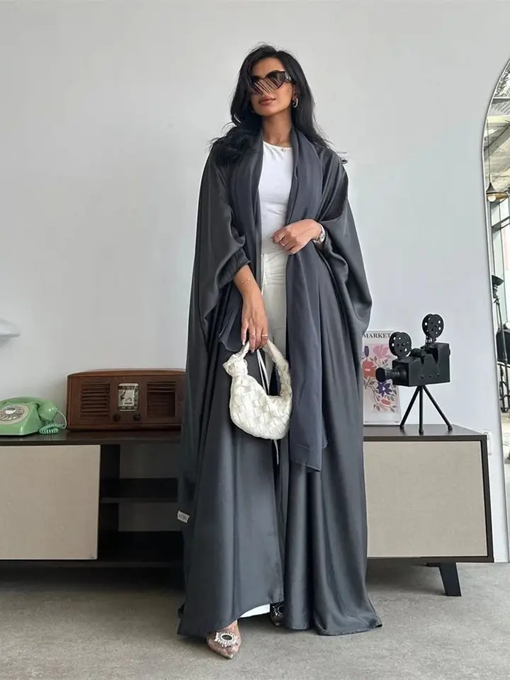 Šedý lesklý satén otvorený kimono abaya dubaj luxus 2024 moslimské abayas pre ženy šaty kaftan šaty islam oblečenie rúcho femme Musulmane
